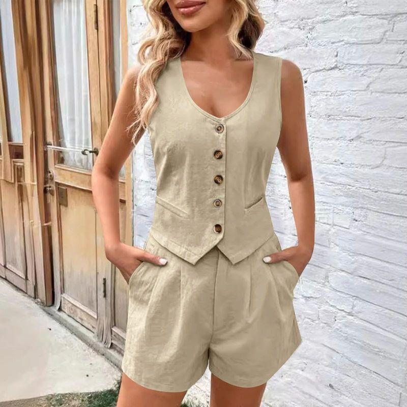 Solid Color V-neck Sleeveless Casual Suit Solid Color and V-neck Sleeveless Casual Suit