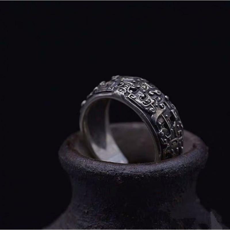 Adjustable Open Ring With Mythical Taotie Beast Design Vintage Plated Copper Unisex Statement Jewelry