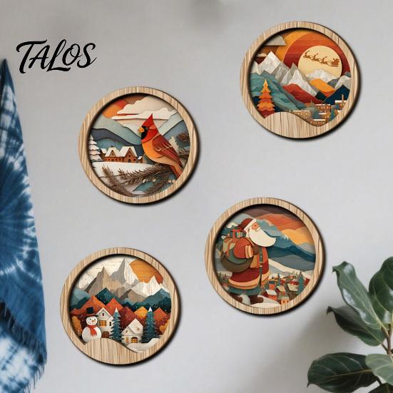 Seasonal Festive Wall Hanging Boho Wooden Decor, Christmas Winter Landscape Round Sign, Rustic Vintage Decor Aesthetic Art Ornament for Living
