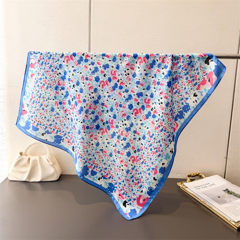 Ditsy Floral Print Square Silk Scarf Soft Satin Silk Shawl Vintage Bandana Neck Hair Headband Bag Wrist Wrap for Women Travel