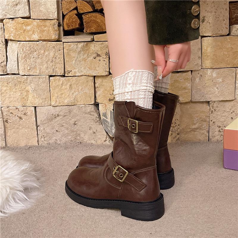 British Style Belt Buckle Martin Boots Women's 2025 Autumn New Flat Bottom Fashion Versatile Round Head Short Boots Black