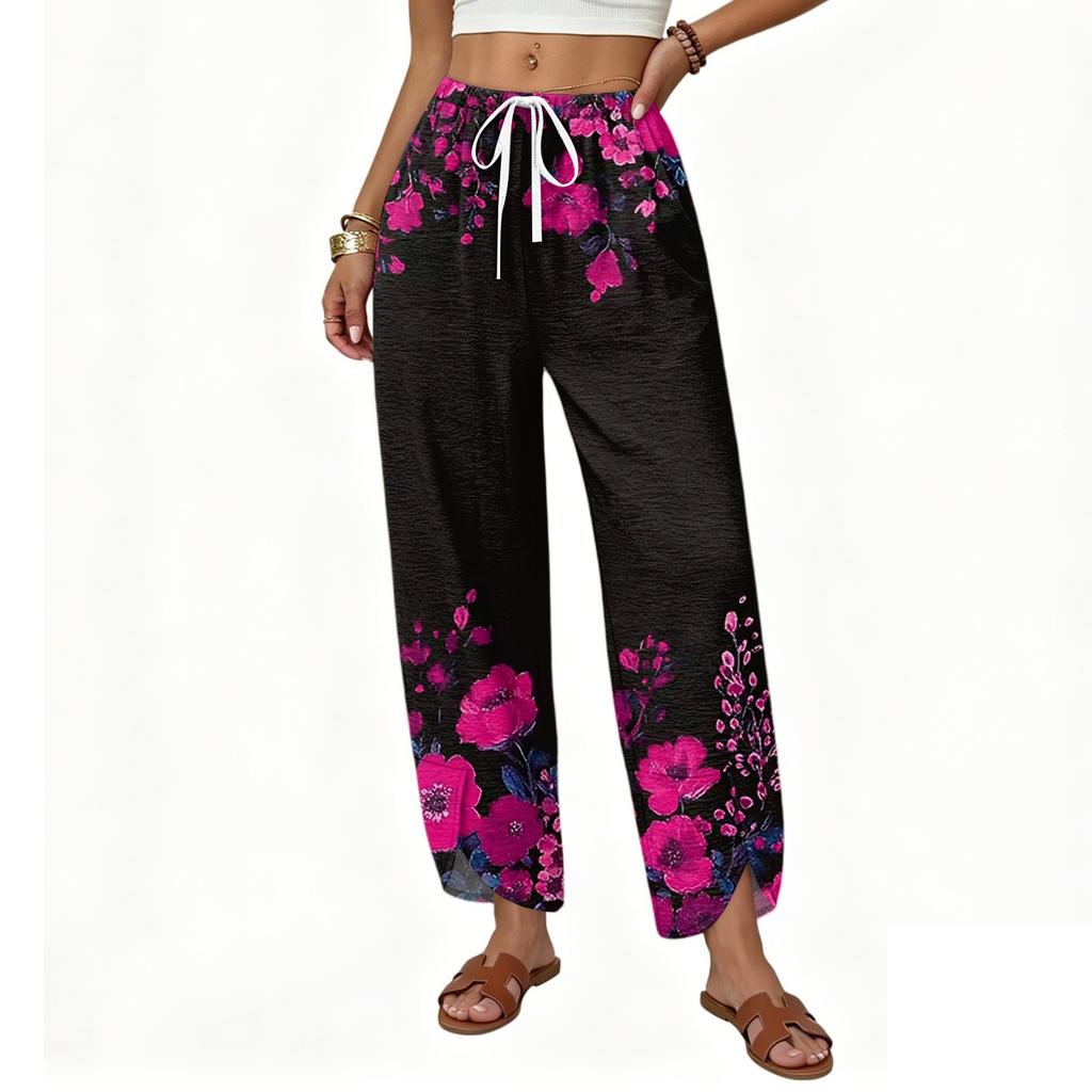 Women Casual Straight Leg Wide Leg Loose Fit Drawstring Floral Print Pants Lightweight Comfortable Trousers for Daily Wear