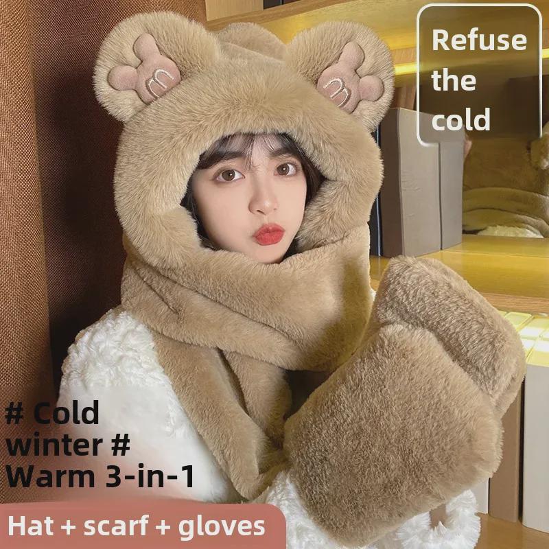 Conjunto de Invierno para Mujer de Gorro, Bufanda y Guantes de Osito: Trío de felpa acogedor, elegante y cálido