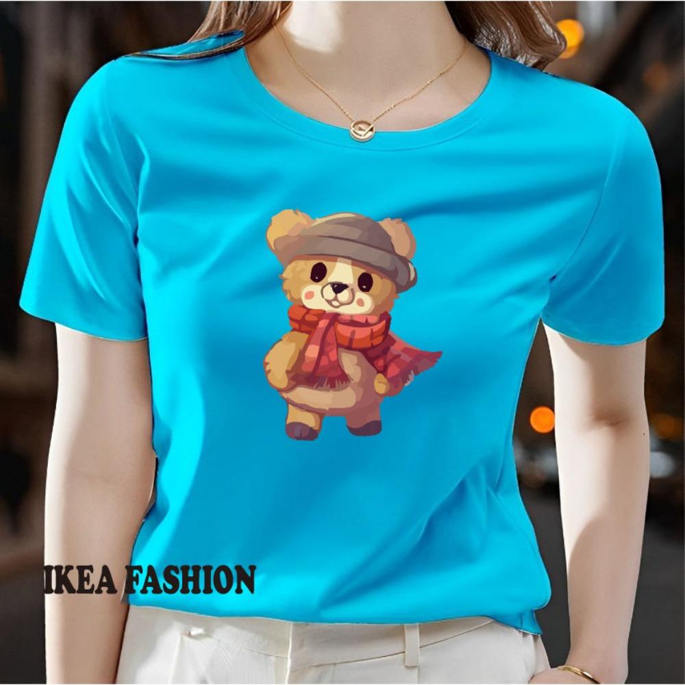 

Женская повседневная футболка с коротким рукавом и круглым вырезом - модная с милым мультяшным принтом медведя 6XL