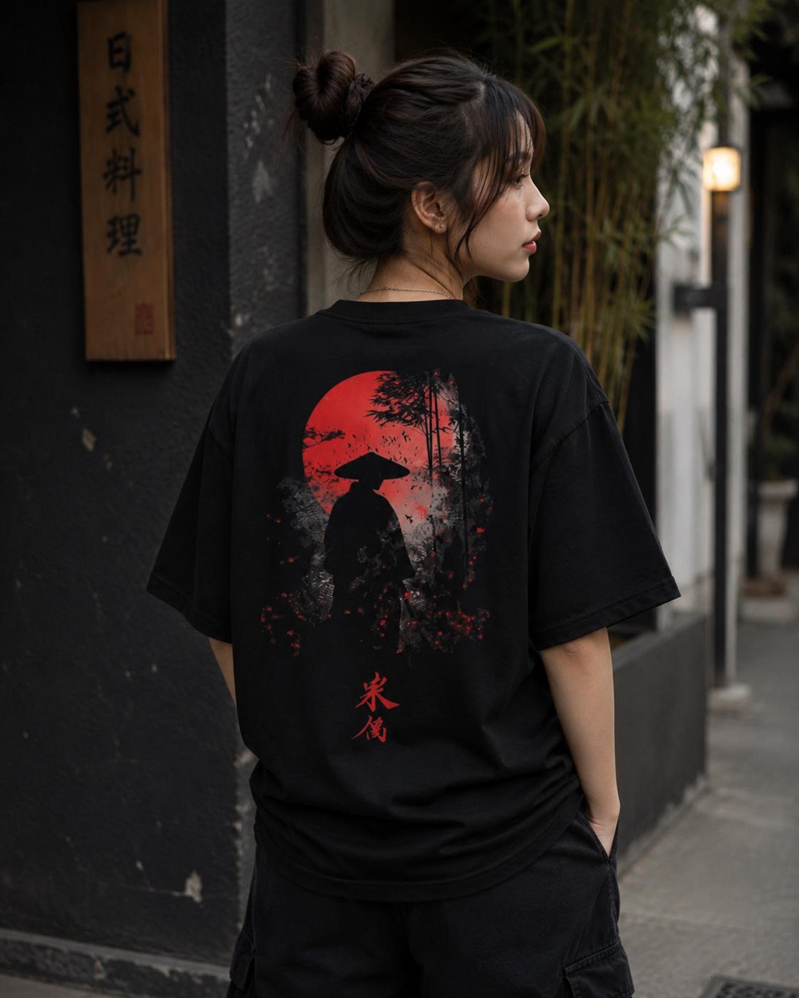 Shadow Wanderer Japanese Samurai T-Shirt | Ronin Graphic Tee | Japanese Streetwear Shirt | Red Moon Samurai Back Print 4XL