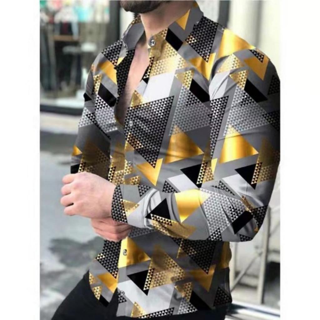 Trendy geometric print long-sleeve shirt, stylish and versatile for daily wear.