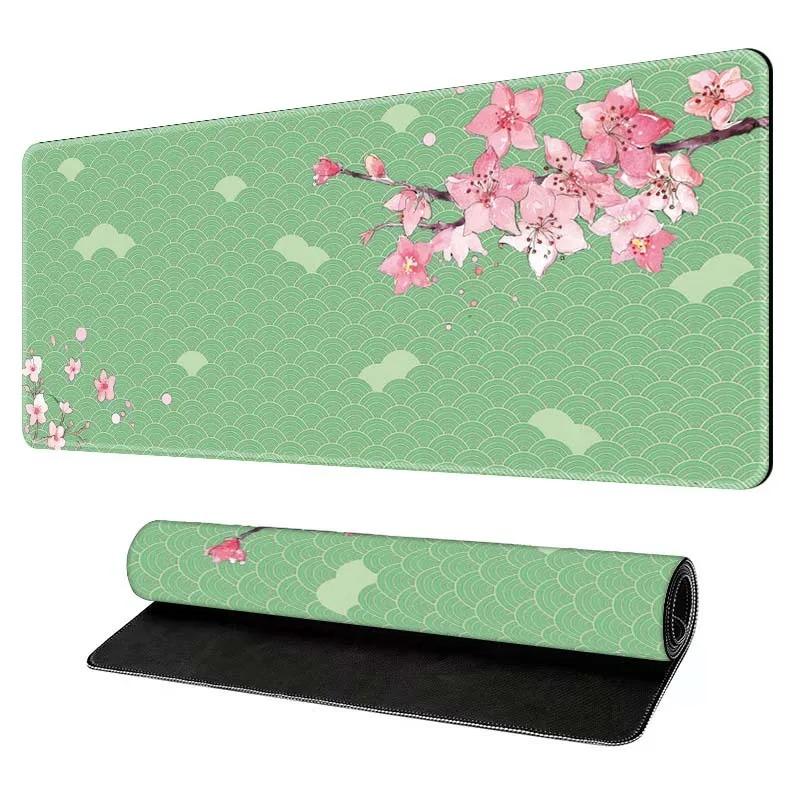 Sakura Cherry Blossom Desk Mat Black Wave Texture Gaming Mouse Pad NonSlip Rubber Keyboard Mat Stitched Edge Table Pad