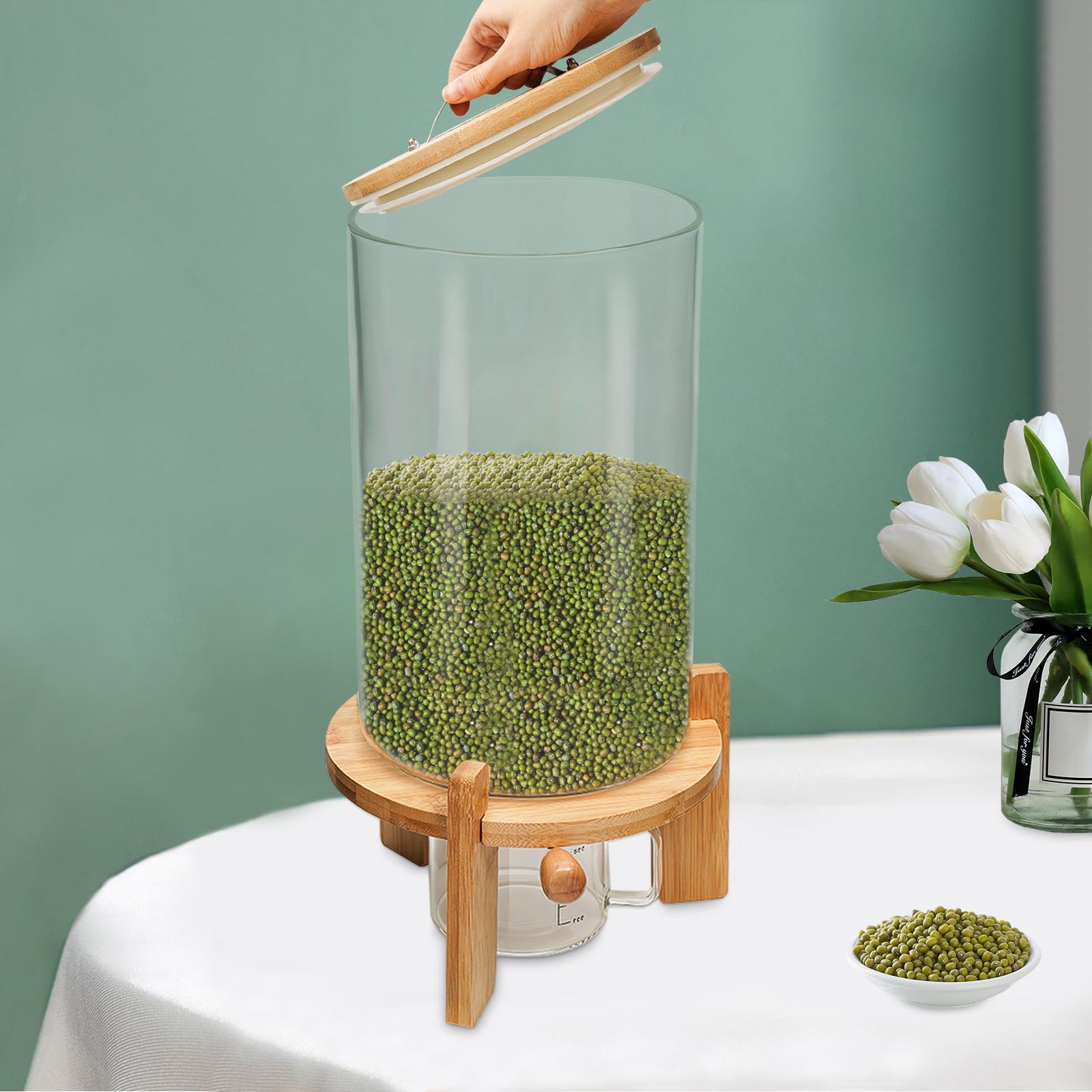 7.5L Rice Dispenser, Flour and Cereal Container, Glass Food Storge Container with Airtight Lid and Wooden Stand for Rice marrone