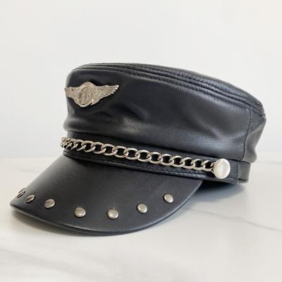 Modenschau Frauen Echtes Leder Militär Hut Kappe 2022 Neue Stil Mädchen Echt Schaffell Student Schule Caps Hüte Adler Metall
