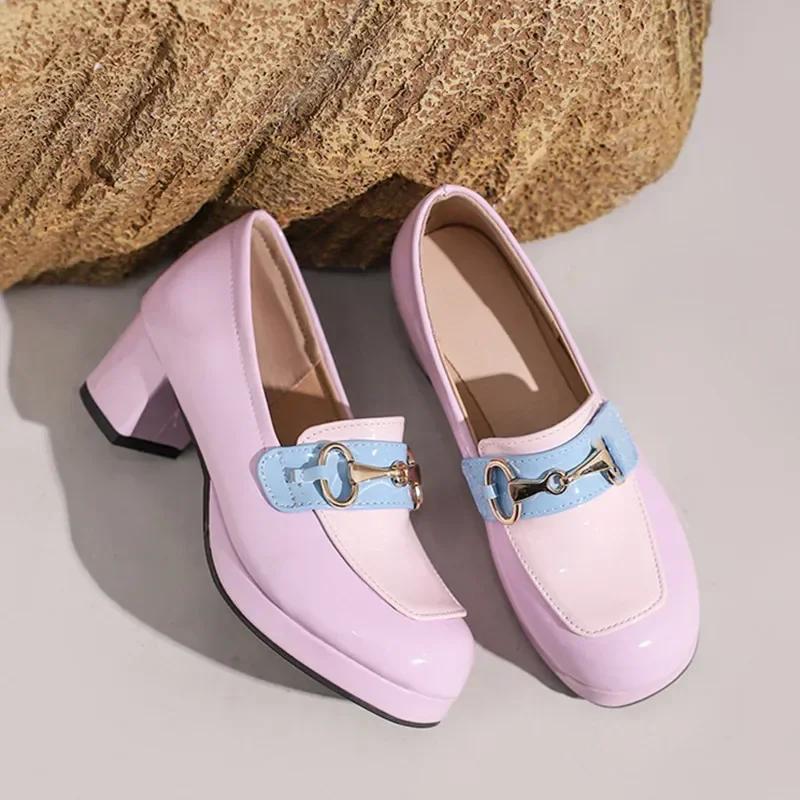 Fashion Luxury Designer Leather Women Pumps Chunky Platform Mules Shoes for Women Cute Lolita Style Tide Golden Buckle Mary Jane Shoes