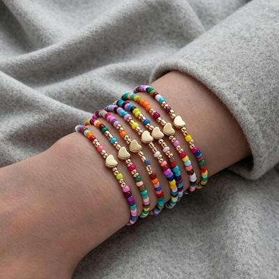 Bohemian Stretchy Elastic Bracelet Set 7Pcs Colorful Beaded Heart Bracelets Jewelry for Daily Wear Holiday Gift