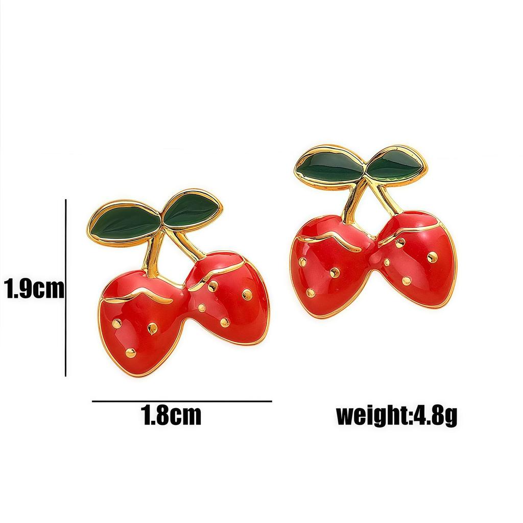 Sweet Fruit Drip Oil Strawberry Cherry Stainless Steel Stud Earrings Fashion Jewelry