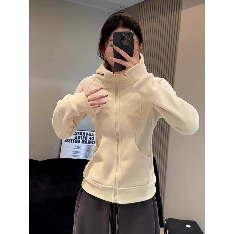 

Autumn Winter Solid Color Casual Fashion Zipper Sweatshirt Women Velvet Simple All-match Cardigan coat Top S белый