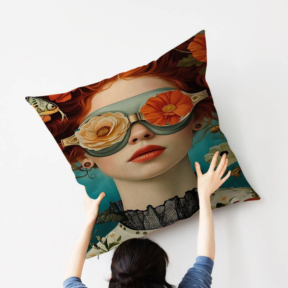 1pc Nordic Boho Fashion Glasses Woman With Flowers Personalized Pillow Dust Cover Bedroom Kids Party Decoration Pillowcase