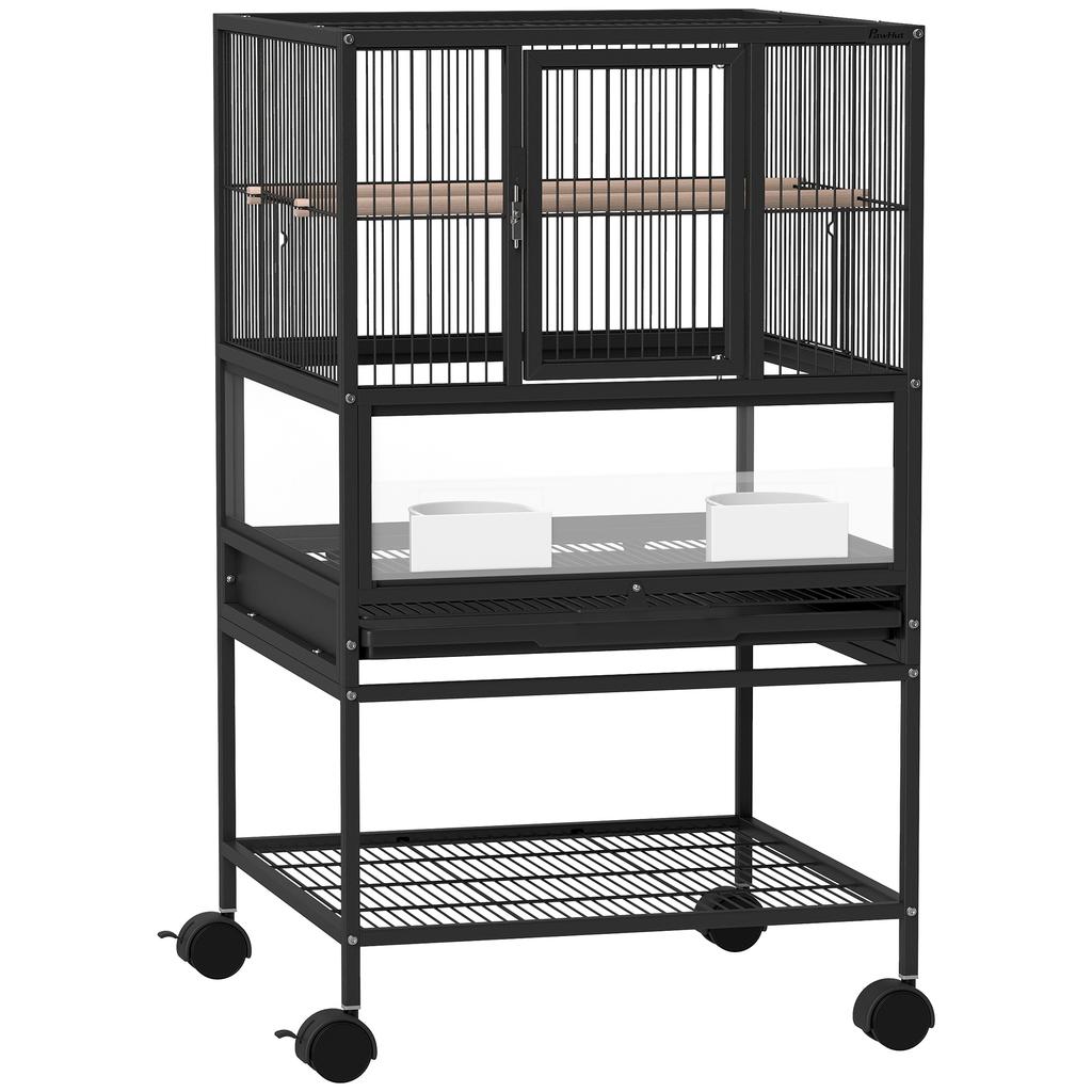 Bird Cage with Bottom Shelf, Removable Tray and Grid, Steel and PP, 48x46x83 cm, Black