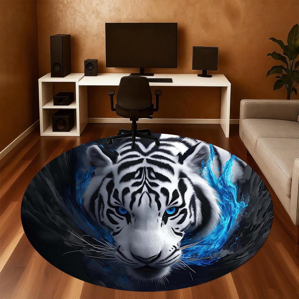 1PC White Tiger Blue Eyes Round Chair mat Area Rug - Non-Slip, Floor Mat for Office, Bedroom, home decor Christmas Gift c0528138
