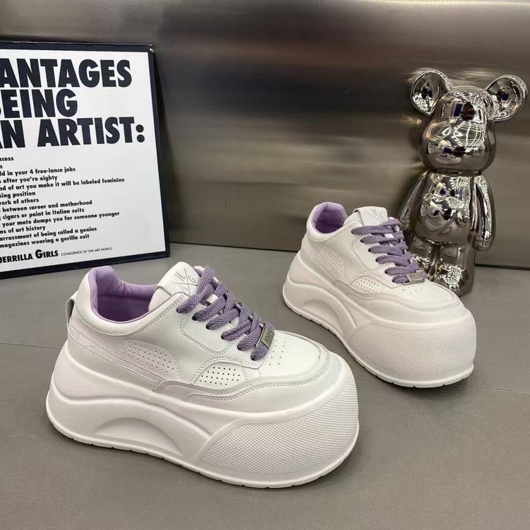 Soft leather thick-soled heightening casual board shoes 2025 spring new round head soft-soled versatile lace-up with skirt little white shoes