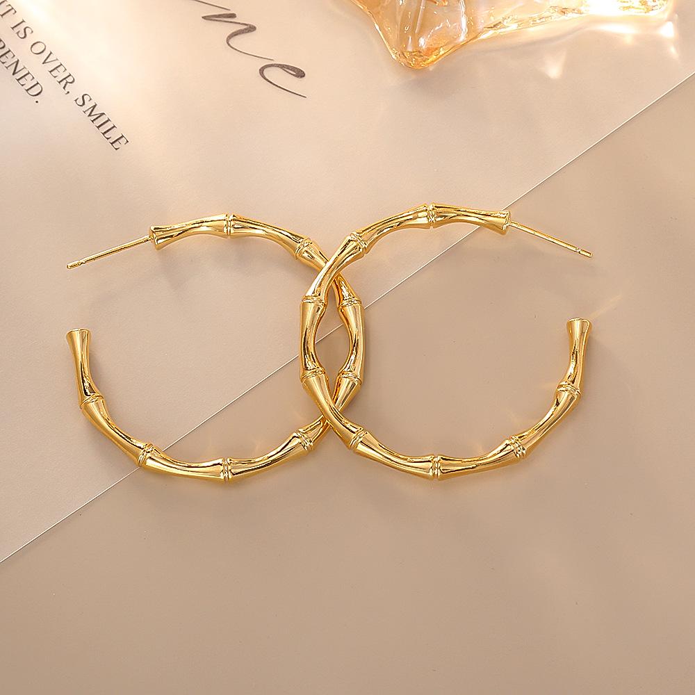 Elegant Minimalist Bamboo Hoop Earrings - S925 Silver Needle, New Metal Style, Perfect for Summer