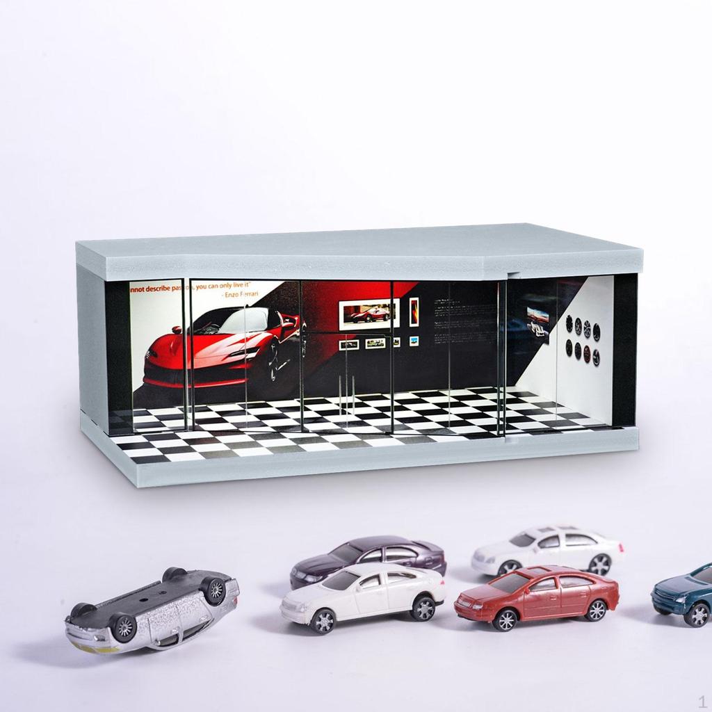 1:64 Car Garage Model Featuring Illuminated Display for Collectible Mini Dolls