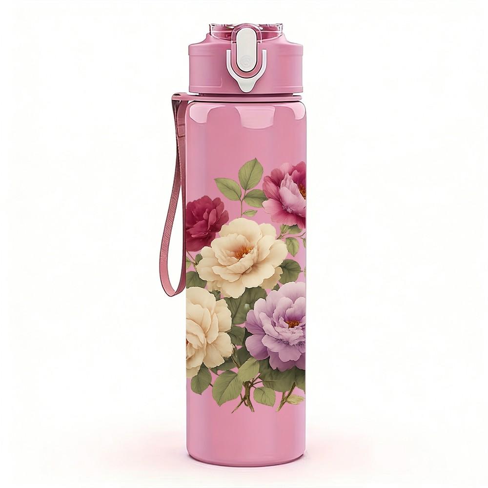 1PC Vintage Rose Floral Bouquet 750ml Color Plastic Sports Water Bottle Leakproof Flip Straw Lid Suitable for Sports Office Home Use