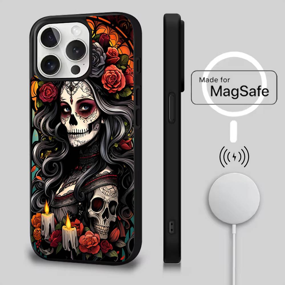 Mexican Catrina Skull Phone Case For iPhone 17,16,15,14,13,12,11,Pro,Max,Plus,Mini,Air,SE New Magsafe Magnetic Wireless Charging