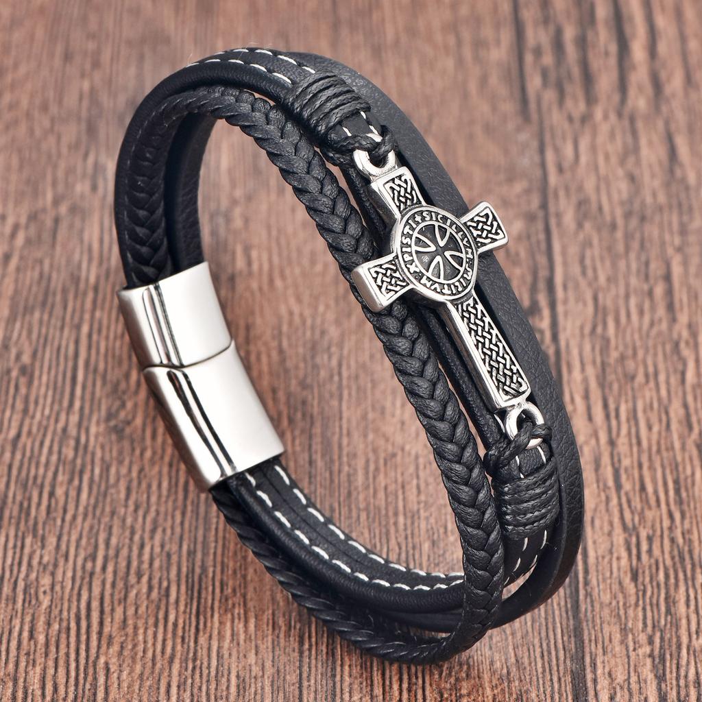 Cross Leather Rope Cowhide Men's Double Layer, Bracelet Braided Bracelet Handmade Multilayer Leather Bracelet