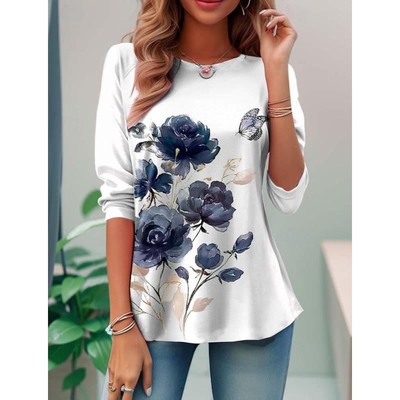 Fashionable Women's T-shirt with 3D Printed Flower Pattern, Casual and Fashionable Round Neck Long Sleeved Shirts