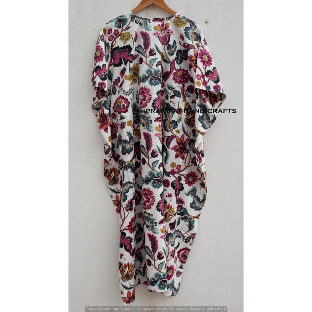 Bumbac Femei Vară Hippie Pijama Imprimeu Floral Alb Rochie Caftan Maxi Lung CKFTN-SCRN-FULL-BUYIT-084