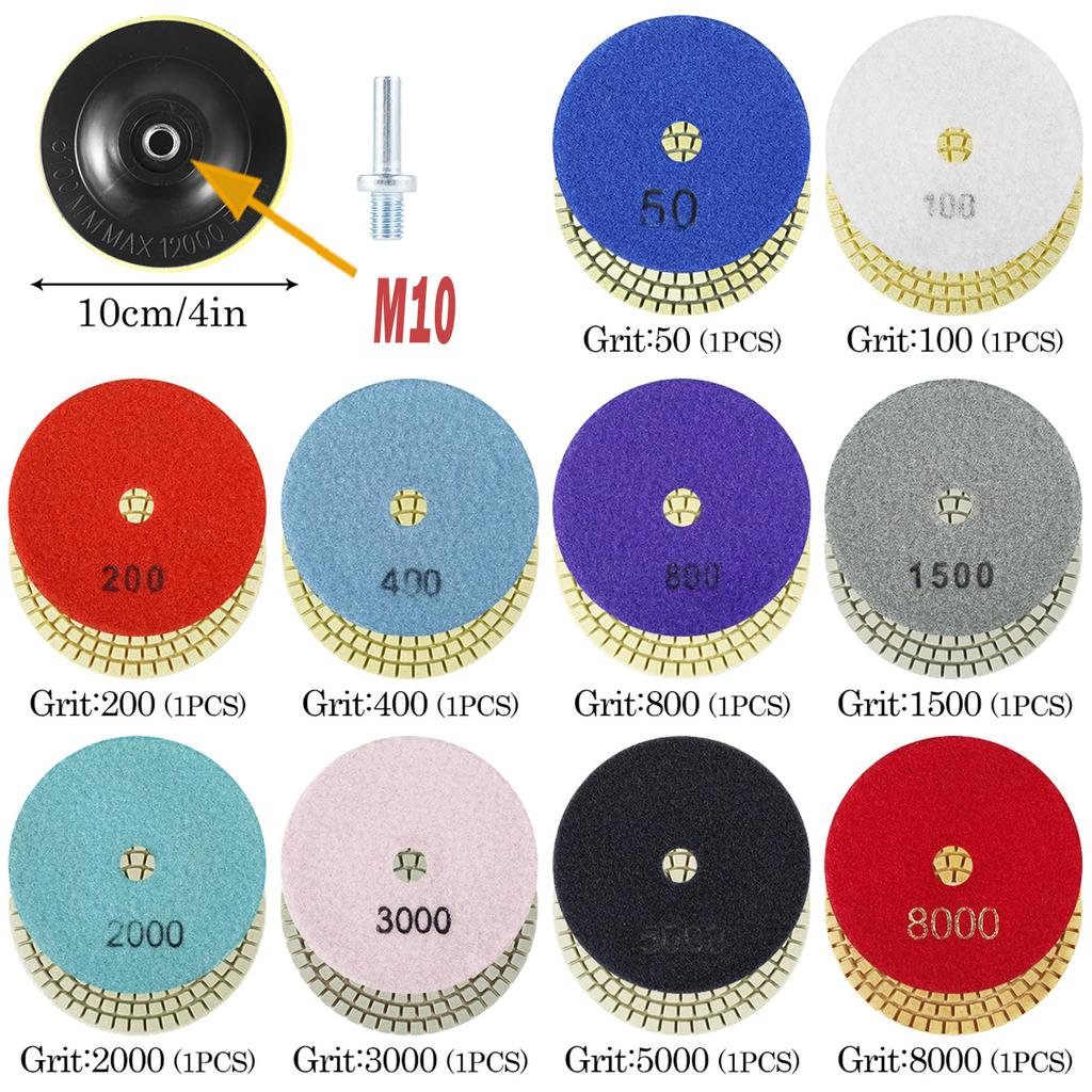 10-16pcs 4 inch Diamond Polishing Pads Kit Wet/Dry Buff Disc Abrasive Grinding Discs Set for Granite Concrete Glass Polishing