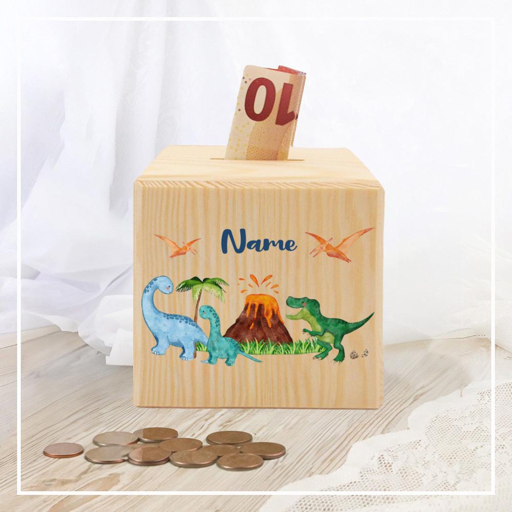 Customized Dino Dinosaur Pattern Wooden Piggy Bank Kids Money Boxes Coin Collection Case Wooden Coin Bank Child Shower Gift