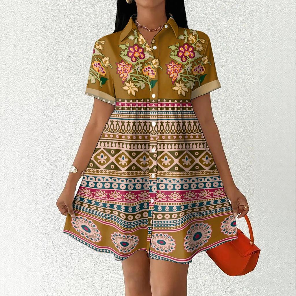 Women's Casual Loose Fit Shirt Dress Button Front Short Sleeve Collared Dress A-Line Hem Summer Dress