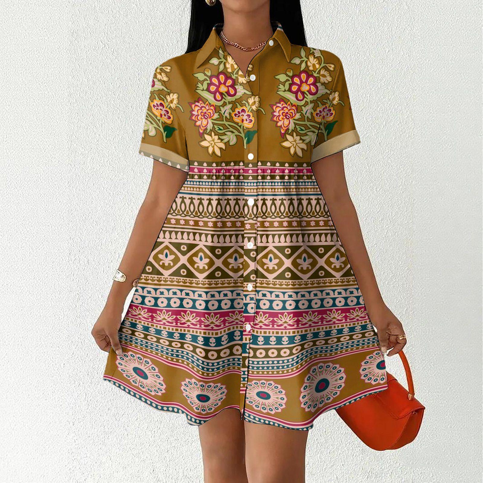 Women s Casual Loose Fit Shirt Dress Button Front Short Sleeve Collared Dress A-Line Hem Summer Dress M коричневый