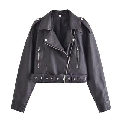 Women Faux PU Leather Jacket Casual Lady Lapel Zipper Short Leather Jacket High Street Motorcycle Coat