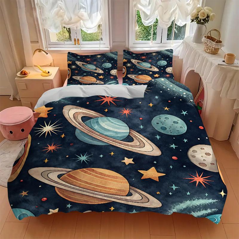 3pcs Galaxy Planets Bedding Set, Includes Without Pillow Inserts, Soft Comfortable Bedding Set,All-Season Use a0924076