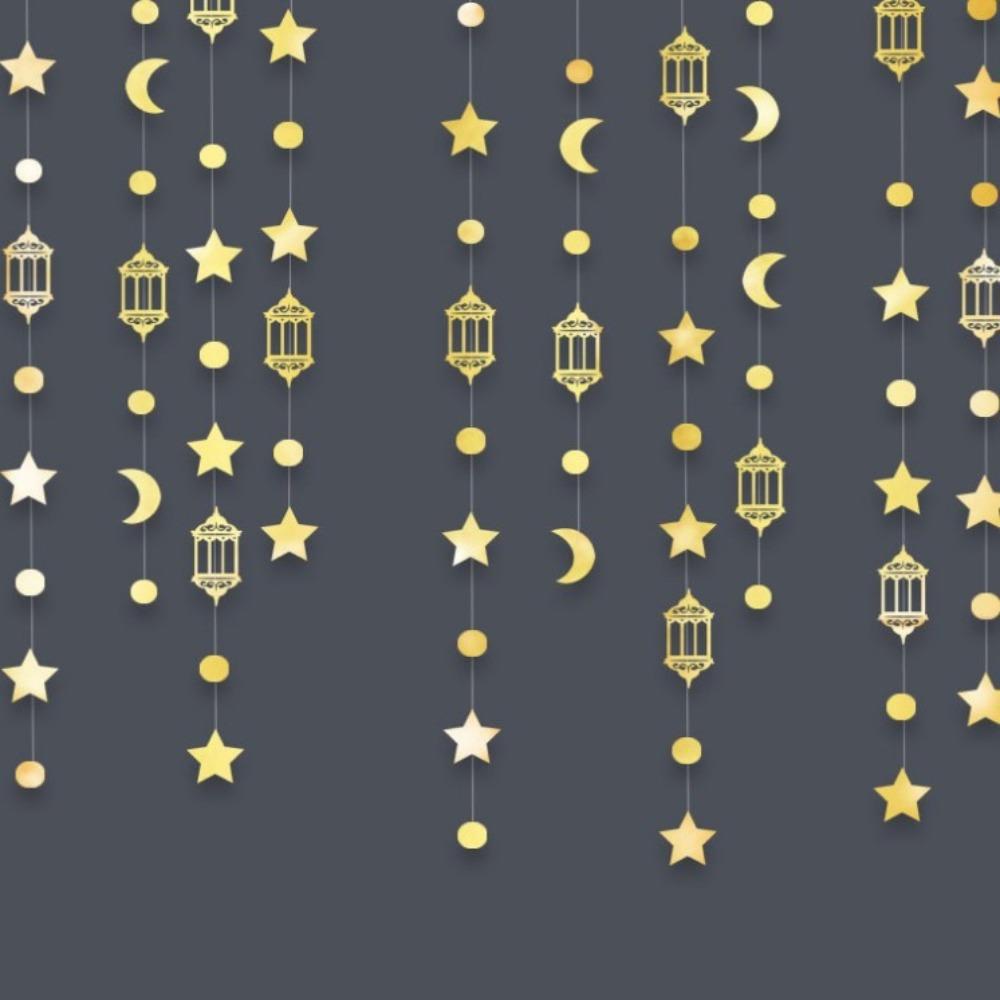 Gold Silver Eid Mubarak Banners DIY Paper Glitter Paper Ramadan Kareem Decor Pull Flag Ceiling Hanging Star Moon Lantern