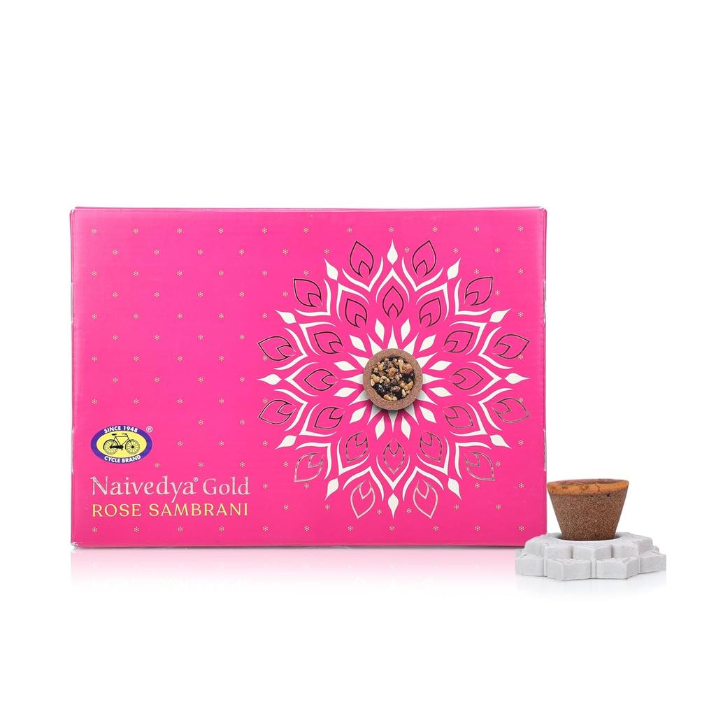 Cycle Pure Naivedya Gold Rose Sambrani Dhoop Cups 18 Pcs With Holder Charcoal-Free For Puja
