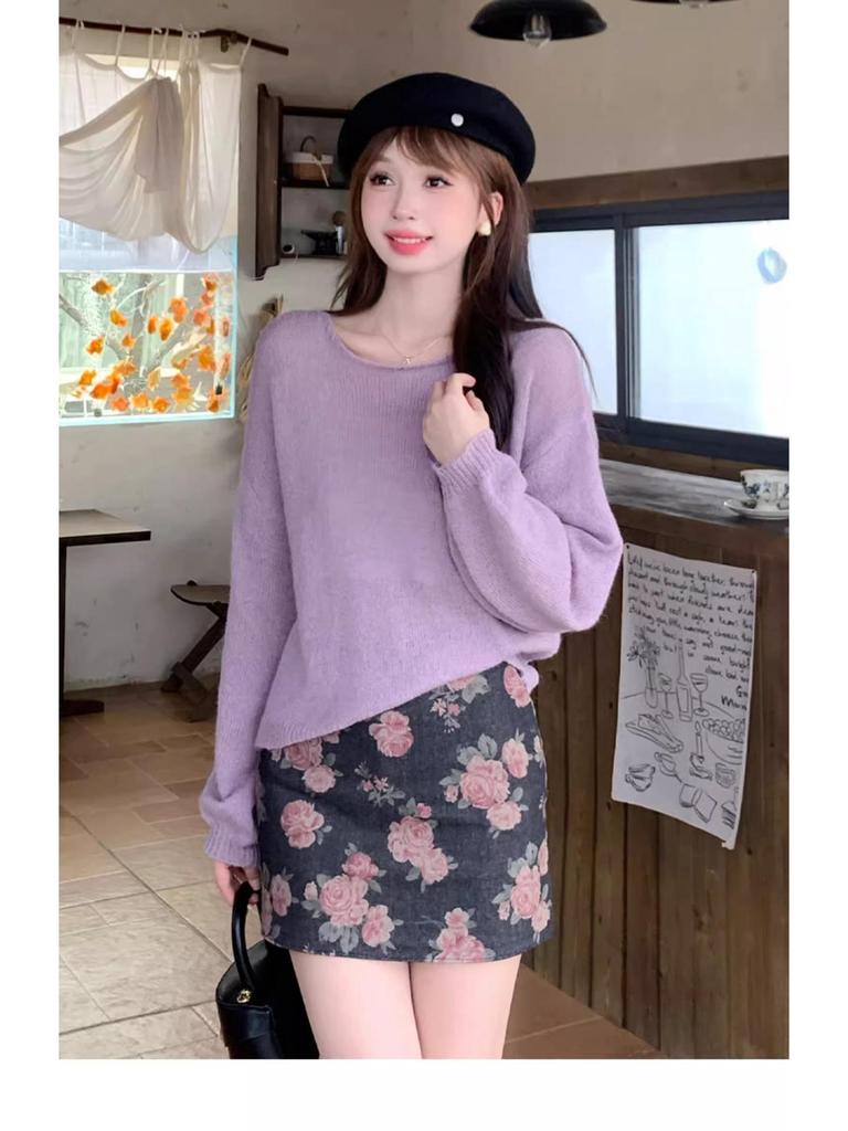 Korean Retro Floral Print A-Line Denim Mini Skirt for Women, High Waist, Slimming, Autumn/Winter Style.