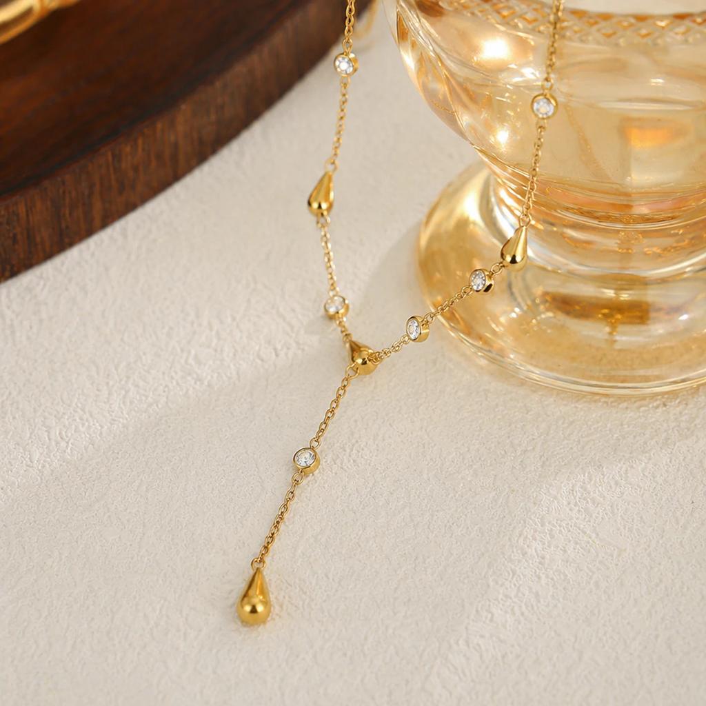 New Elegant 18k Gold Plated Stainless Steel Waterdrop Pendant Necklace for Women Retro Inlay Glass Zircon Ear Jewelry Gifts