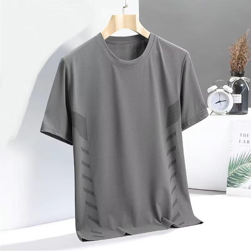 Summer Ice Silk T-Shirt Men'S Round Neck Solid Color Quick-Drying Clothes Short Sleeves, Men'S Sports Loose Thin Breathable Half-Sleeved T-Shirt