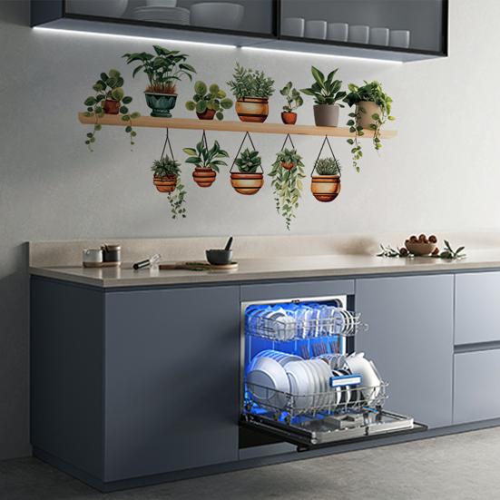 Potted Green Plant Shelf Wall Decal Tropical Plants Green Leaves Wall Stickers Removable Wall Art Murals for Living Room Bedroom Kitchen Office