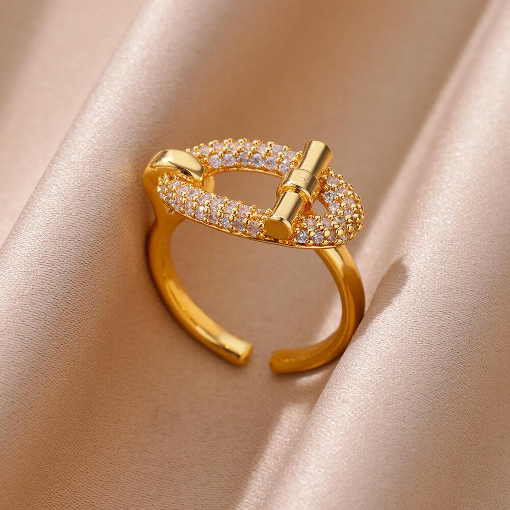 18K Gold Plated Open Ring with Zirconia Leaf Design - Luxurious, Non-Fading, Ideal for Women