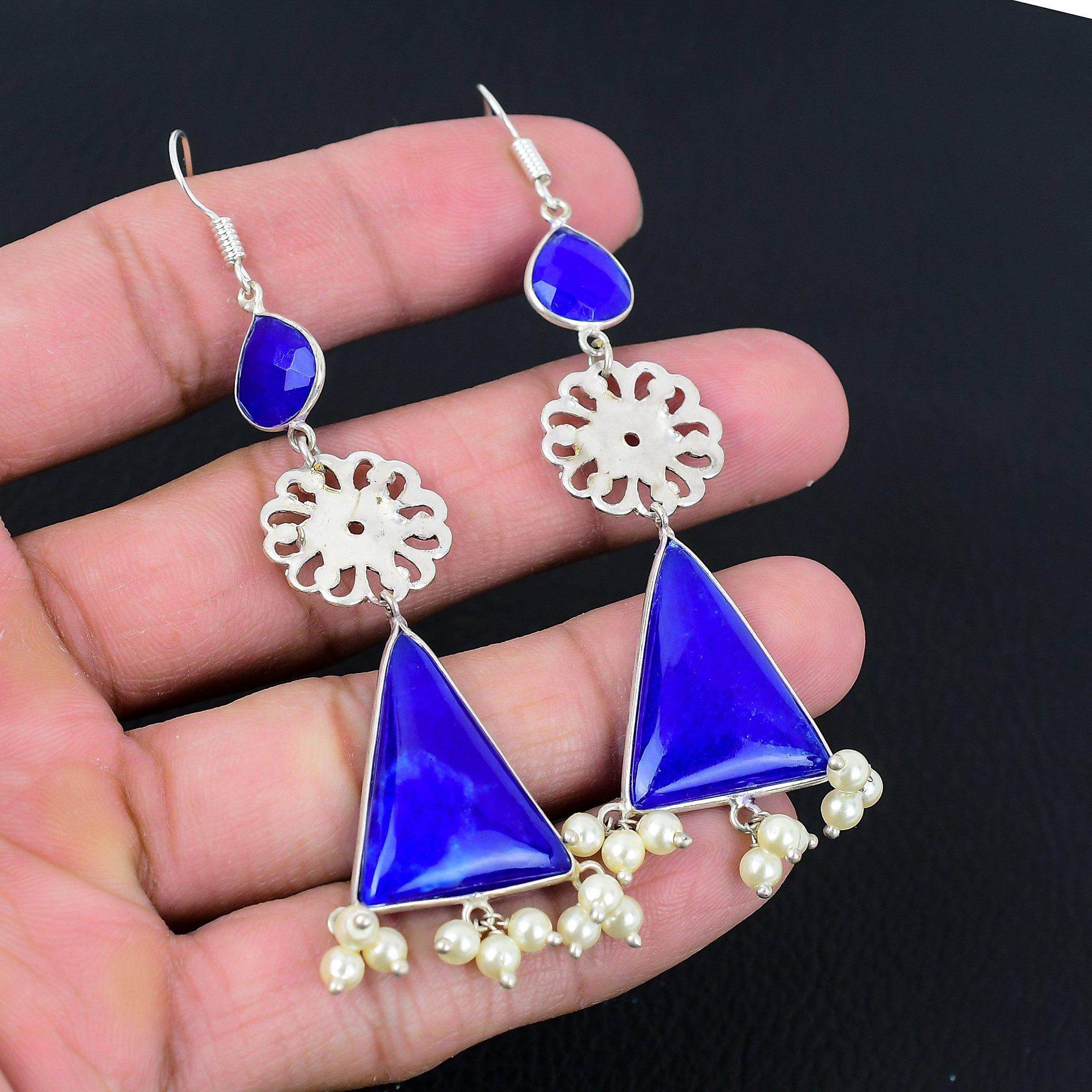 

Halloween Deal Natural Blue Onyx Artisan Dangle Drop Earrings Jewelry 925 Silver