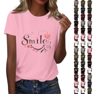 Women's Smile Letter Printed Round Neck T-Shirt Short Sleeve Top
