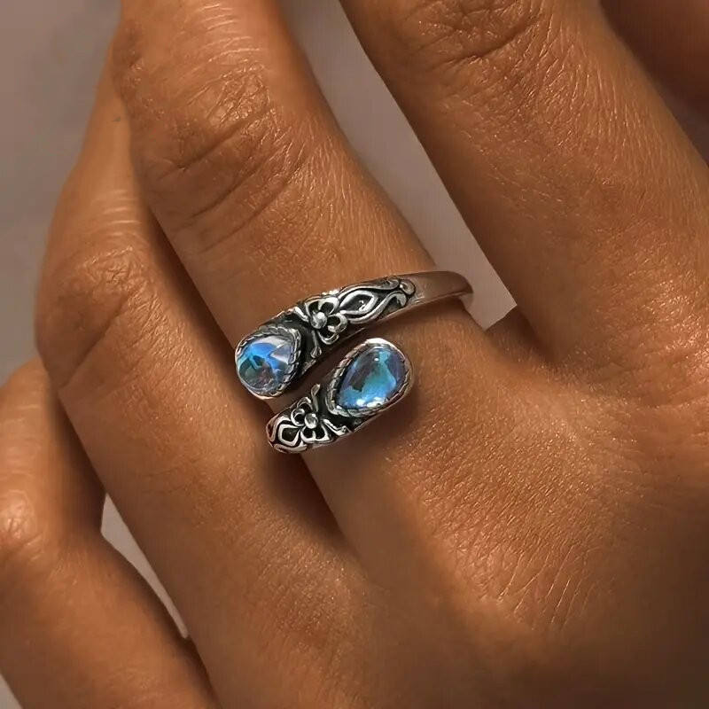 Thai Silver New Retro Design Moonstone Adjustable Ring for Woman Trendy Jewelry Daily Part Accessories Gifts