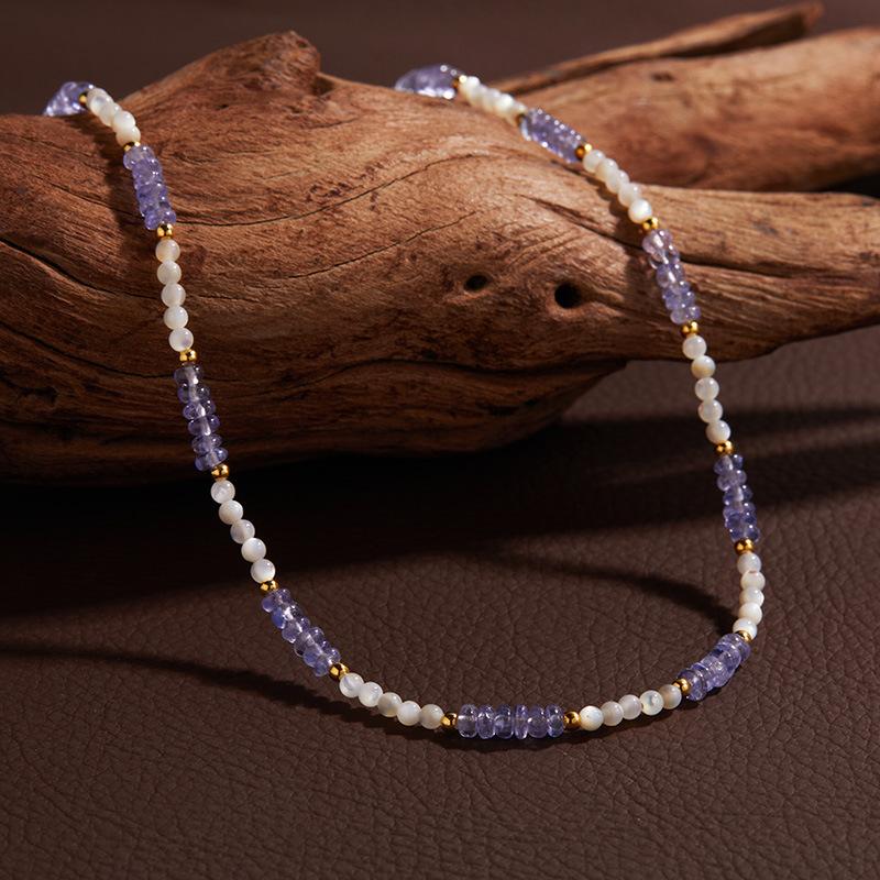 Original Design Handmade String S925 Sterling Silver Natural Tanzanite White Fritillary Necklace Women'S Simple And Elegant Clavicle Chain