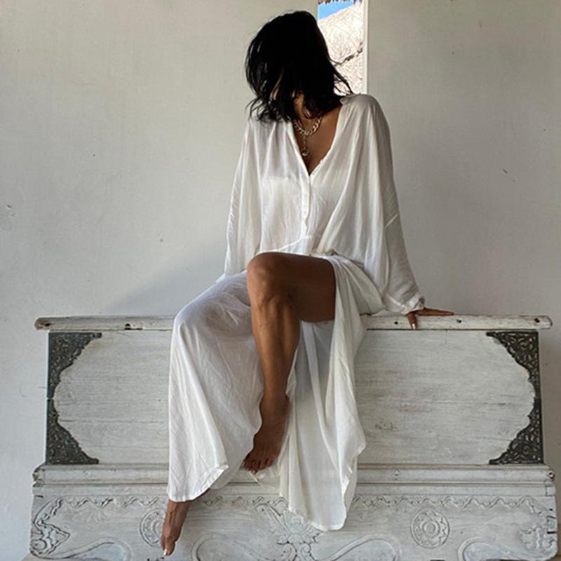 European & American Style Cotton Pocket Long Beach Cover-Up Dress