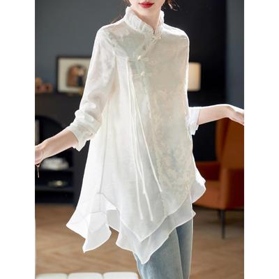 Chic Ink Painting Buckle Blouse for Women - Irregular Hem, Summer Style Top with Chiffon Sleeves