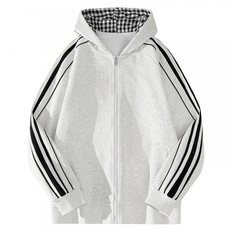 Mens Hooded Open Cardigan Sweatshirt Contrast 3 Stripes Cotton Blend Casual Outerwear
