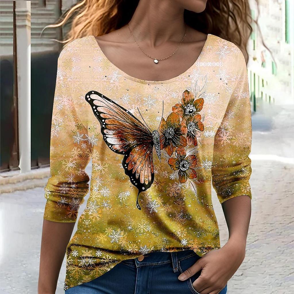 Spring and Autumn Round Neck 3D Butterfly Graphic Printed Top Fashionable Casual Long Sleeved Women's T-shirts