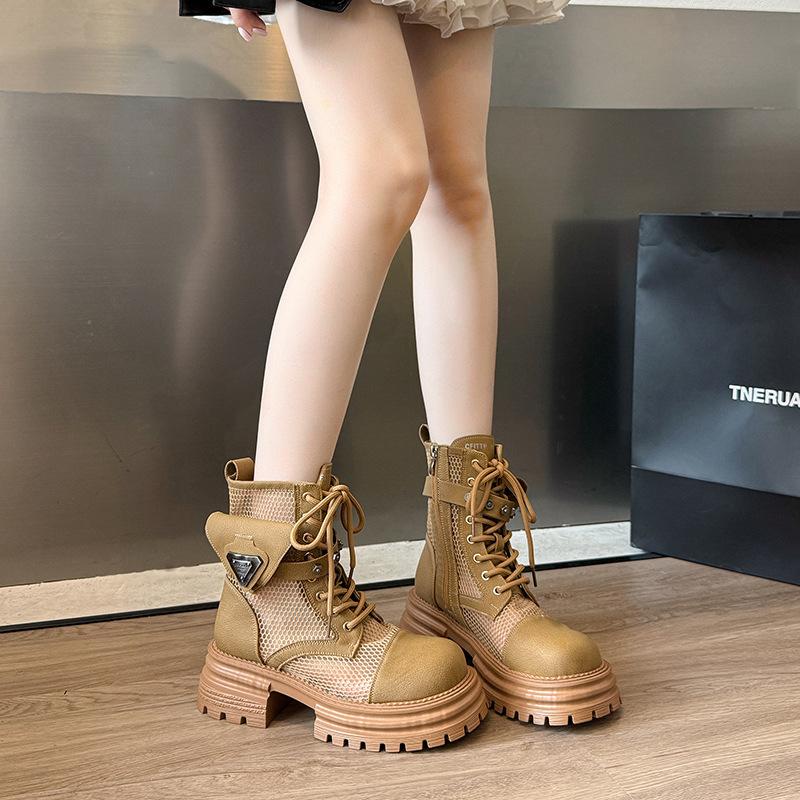 Thick-soled Lace-up Mesh Martin Boots 2025 Summer New Fashionable Versatile Comfortable Hollow Breathable Muffin Bottom Cool Boots